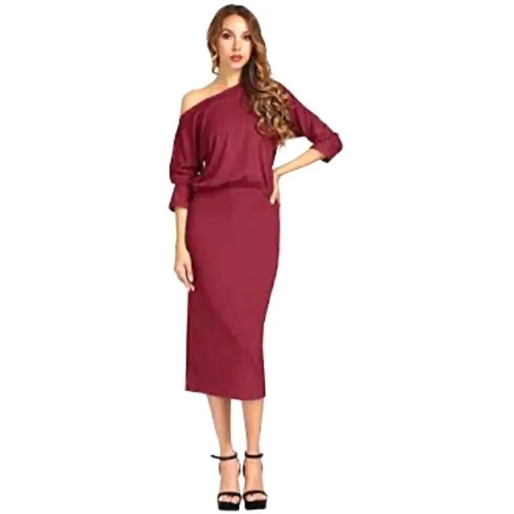 Grace Karin One-Shoulder Hips-Wrapped Pencil Midi Dress Red Large NWT
